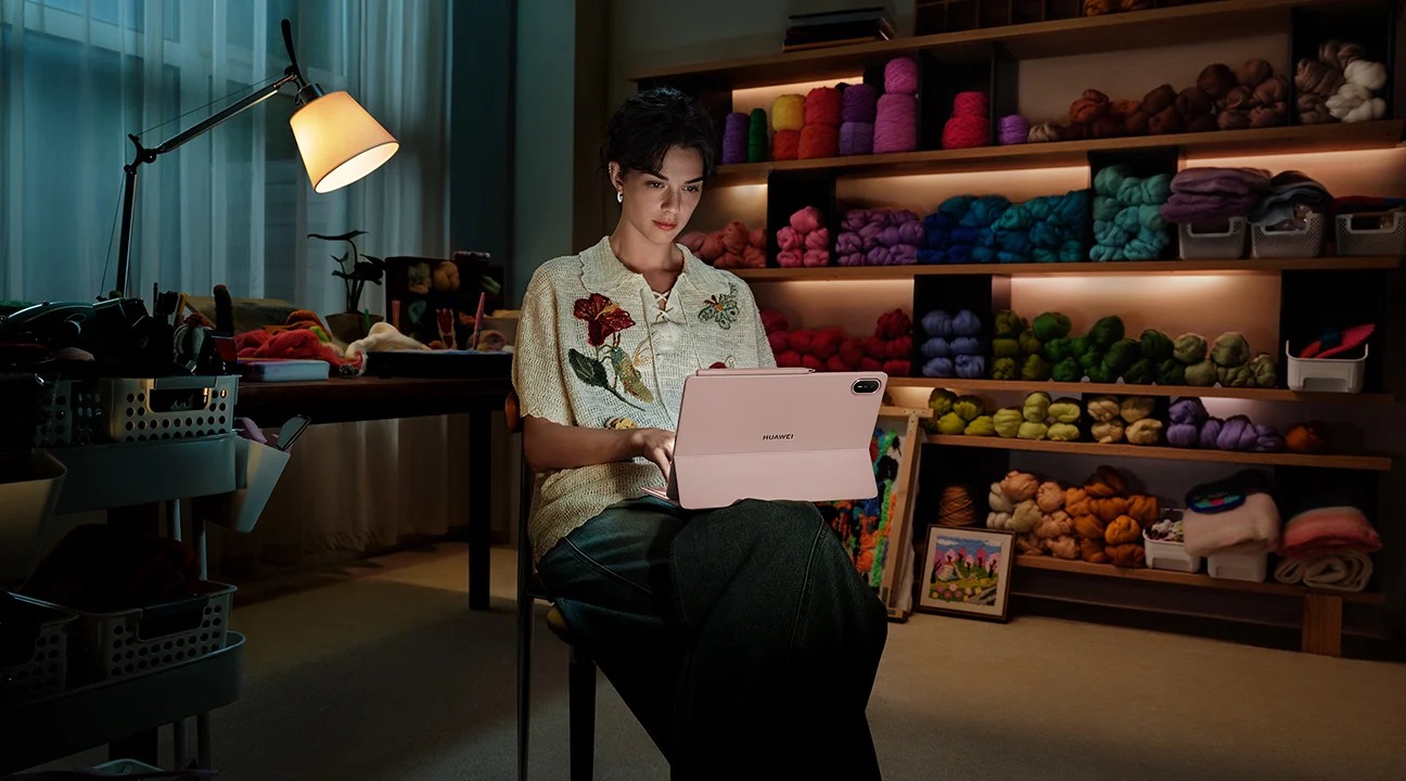 HUAWEI MatePad Air used with a keyboard at a desk in a manufacturer lifestyle scene.