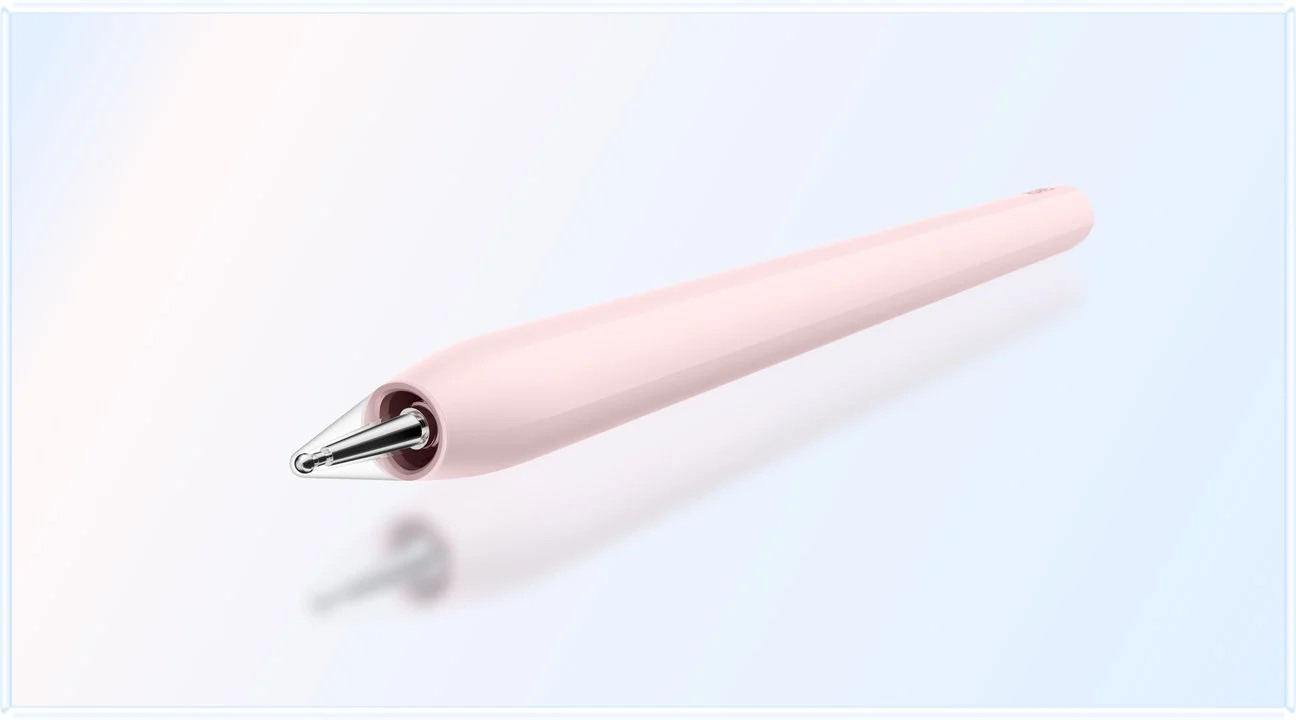 Close-up manufacturer rendering of the pink HUAWEI M-Pencil Pro and its tip.