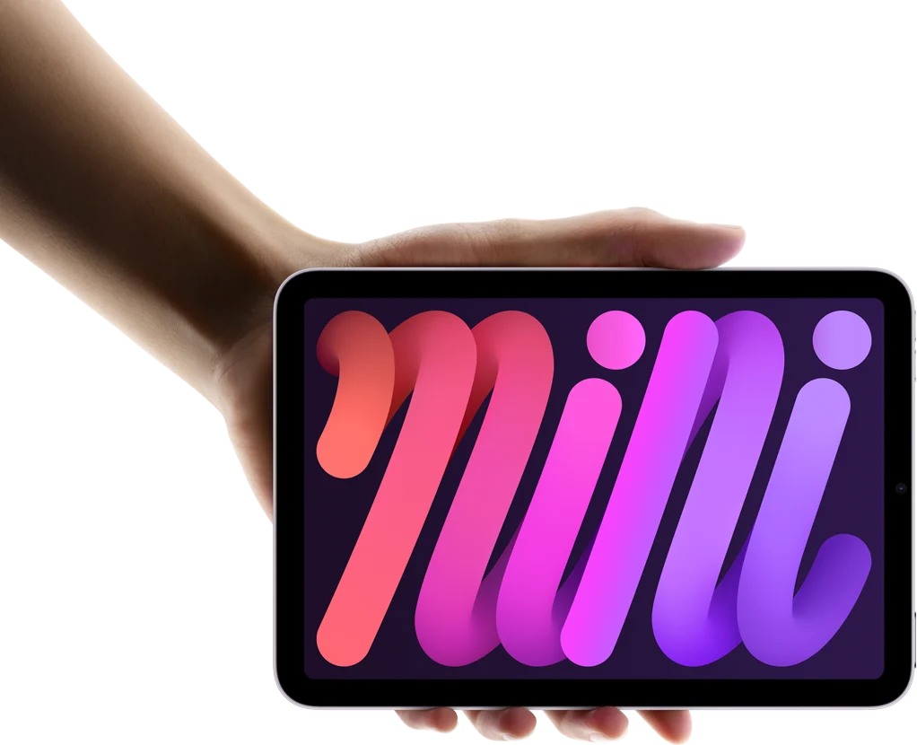 An iPad mini held in one hand in landscape orientation, with a colorful mini wordmark on screen.