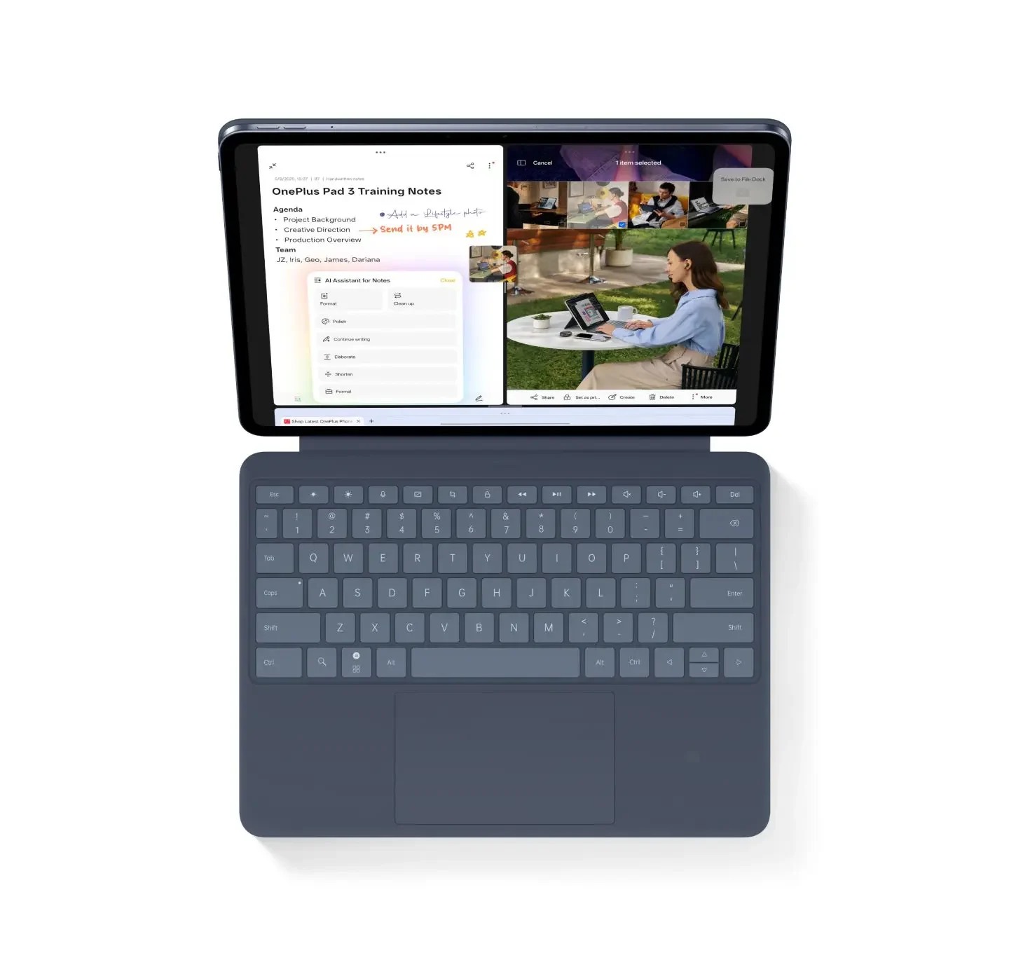 OnePlus Pad 3 attached to its keyboard with a simulated multitasking screen.