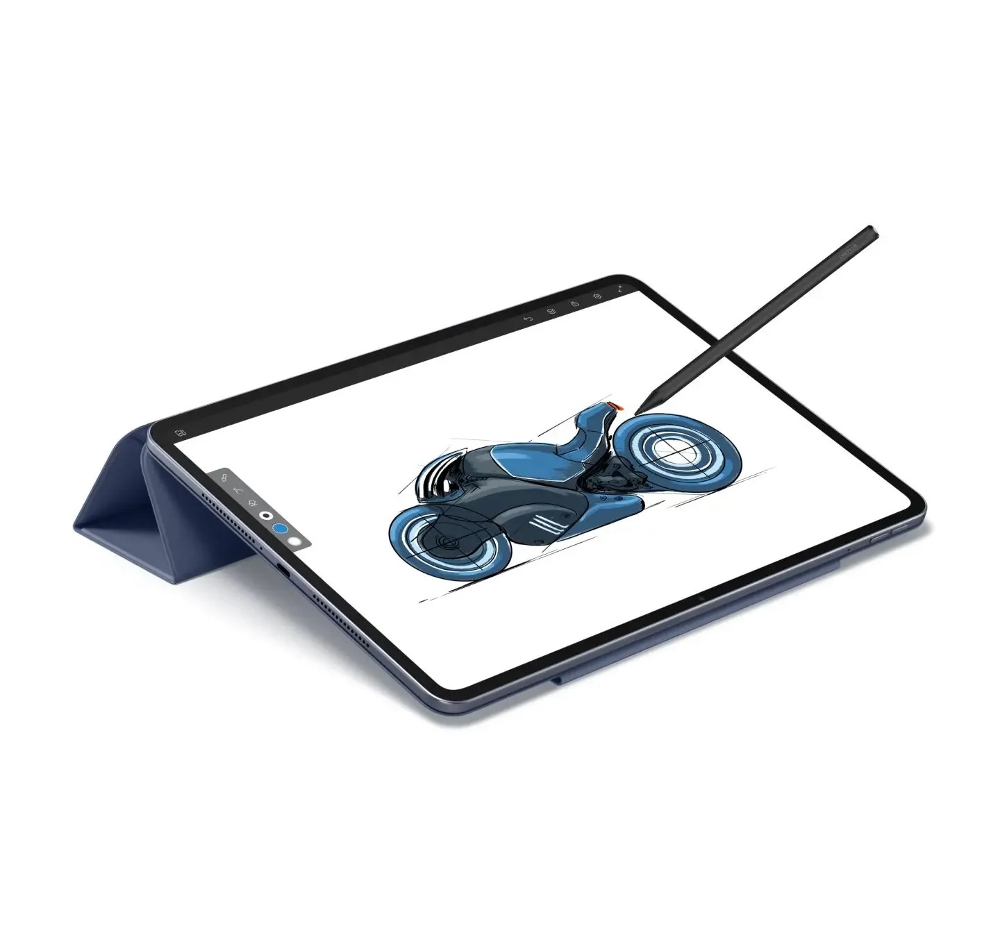 OnePlus Pad 3 in a folio stand with a stylus positioned over a drawing on screen.