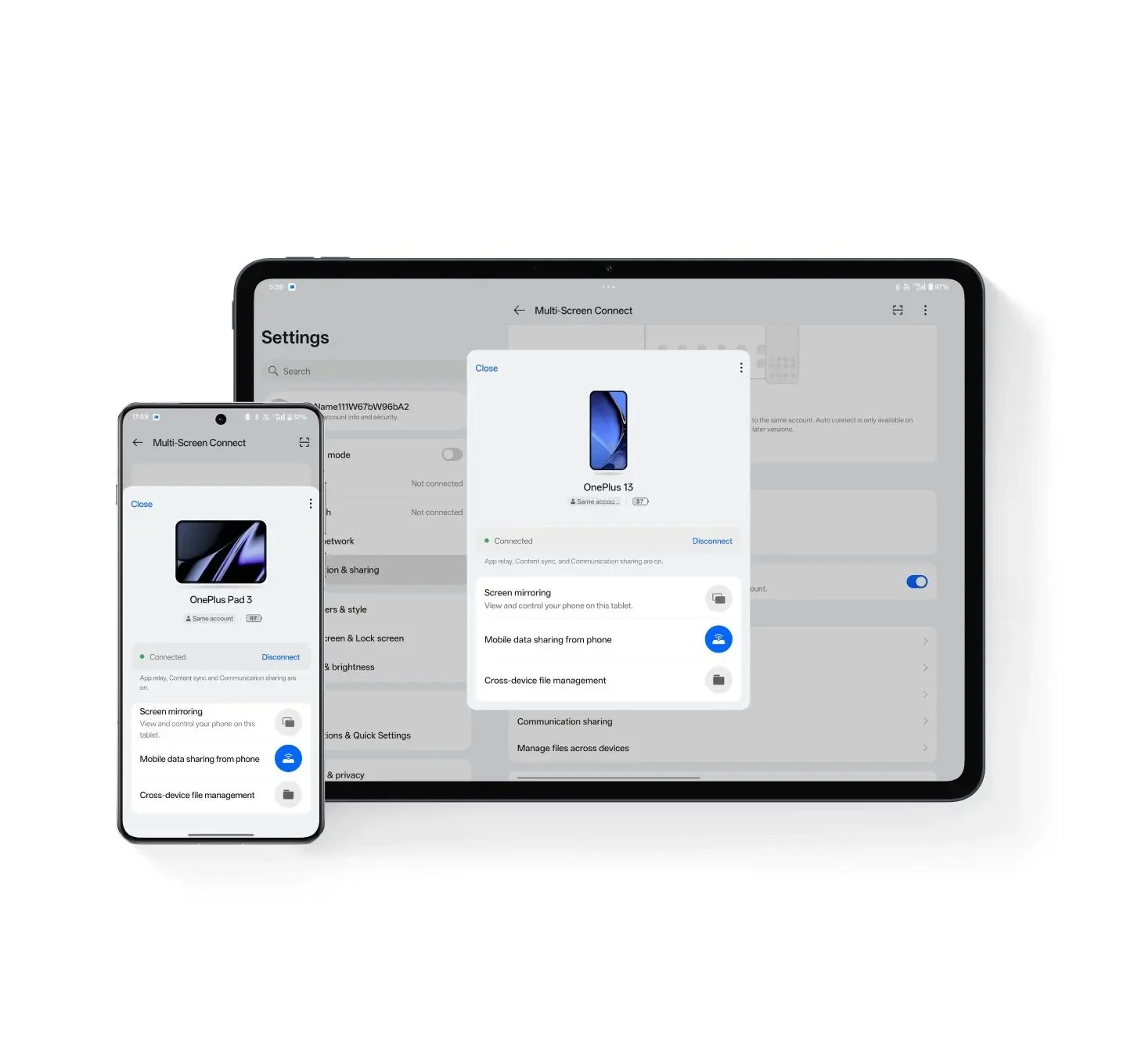 OnePlus Pad 3 beside a phone with connected file-sharing interface illustrations.