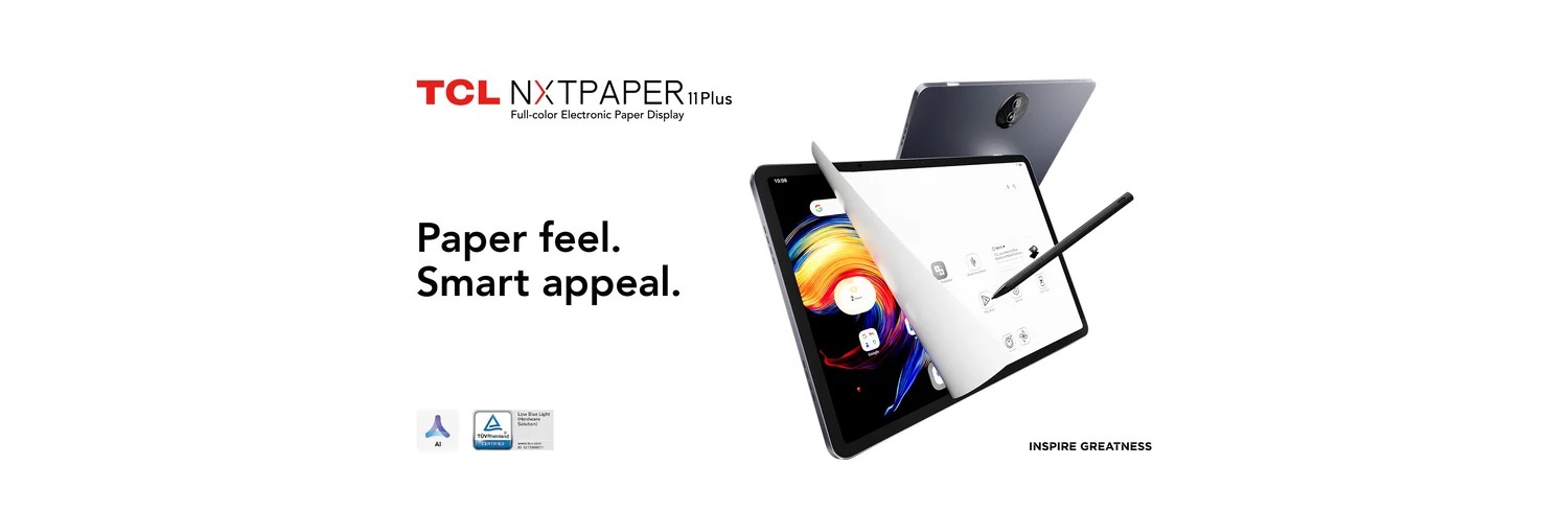 TCL NXTPAPER 11 Plus manufacturer product artwork showing color and monochrome display modes with a stylus.