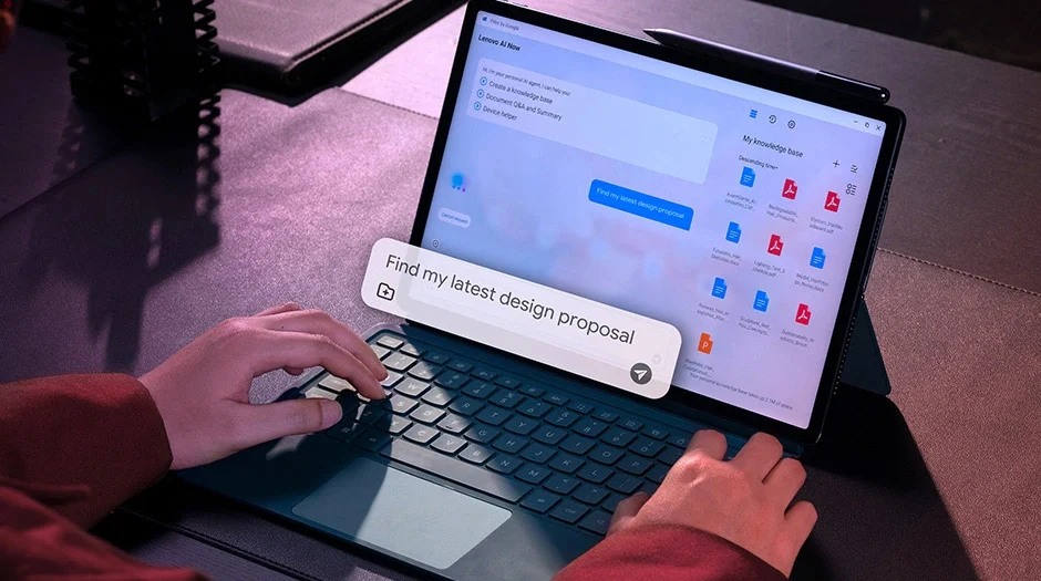 Lenovo Yoga Tab Plus attached to a keyboard with a manufacturer illustration of an AI writing interface.