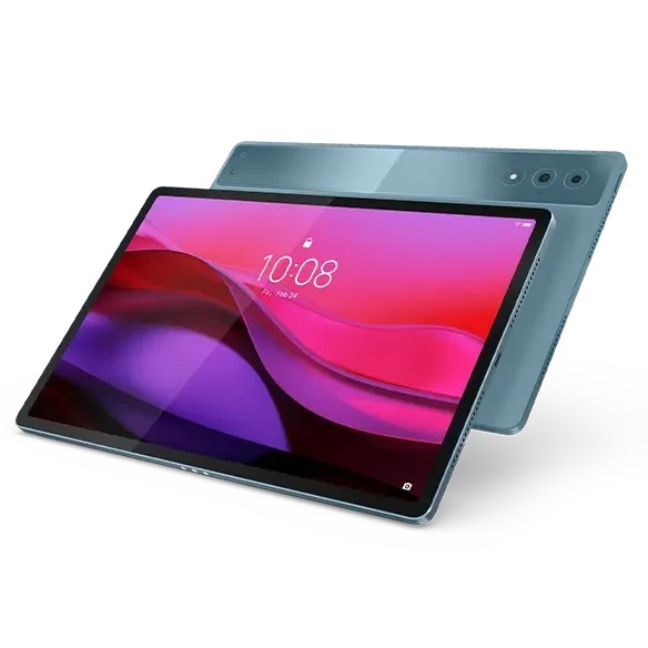 Lenovo Yoga Tab Plus front and rear product views in teal.